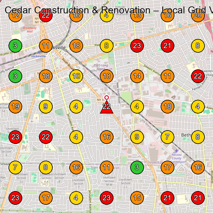 Cedar Construction & Renovation General Contractor GeoGrid ranking map for Hicksville NY